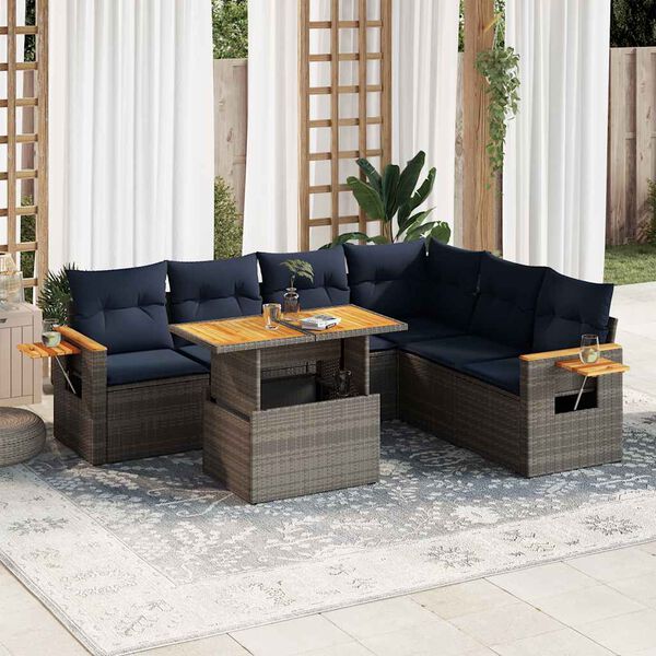 vidaXL Salon de jardin avec coussins 7 pcs gris r&eacute;sine tress&eacute;e acacia