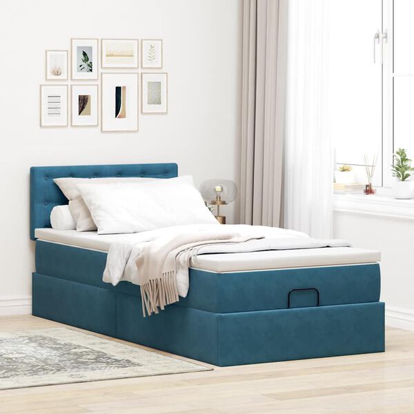 vidaXL Cadre de lit ottoman avec matelas bleu fonc&eacute; 90x200 cm velours