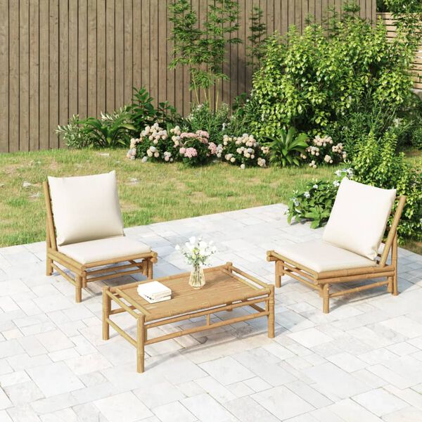 vidaXL Salon de jardin 3 pcs avec coussins blanc crème bambou