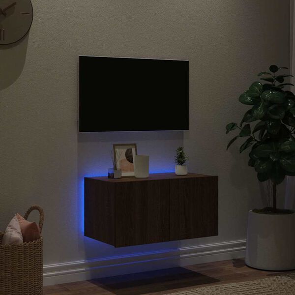vidaXL Meuble TV mural avec lumi&egrave;res LED ch&ecirc;ne marron 60x35x31 cm