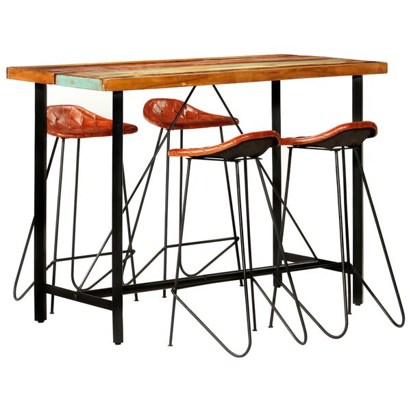 vidaXL Ensemble de bar 5 pcs Bois de r&eacute;cup&eacute;ration et cuir v&eacute;ritable