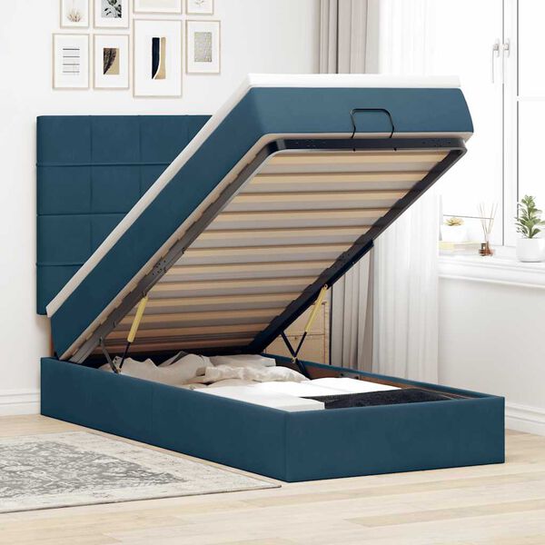vidaXL Cadre de lit ottoman avec matelas bleu fonc&eacute; 90x190 cm velours