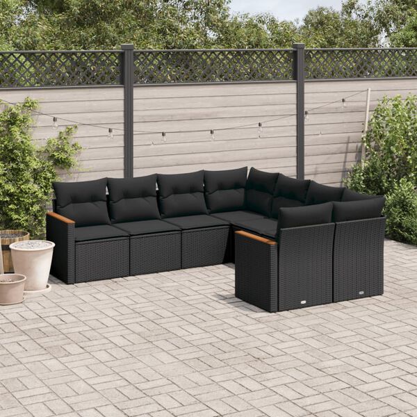 vidaXL Salon de jardin 8 pcs avec coussins noir résine tressée