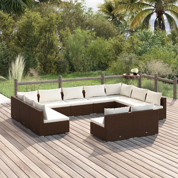 vidaXL Salon de jardin 11 pcs avec coussins Marron R&eacute;sine tress&eacute;e