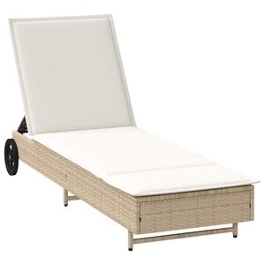 vidaXL Chaise longue avec roues et coussin beige r&eacute;sine tress&eacute;e