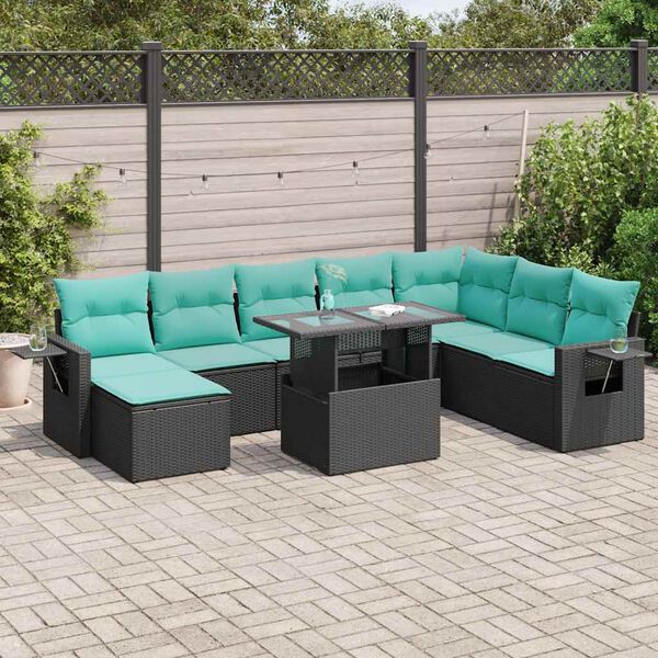 vidaXL Salon de jardin avec coussins 9 pcs noir r&eacute;sine tress&eacute;e acacia
