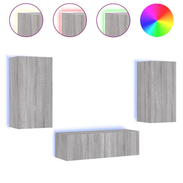 vidaXL Meuble TV muraux 3 pcs avec lumi&egrave;res LED sonoma gris