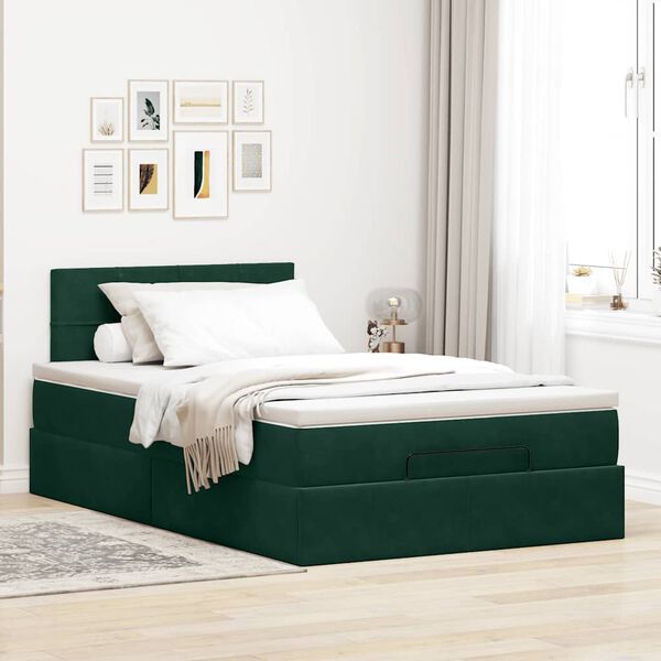 vidaXL Lit ottoman avec matelas et LED vert fonc&eacute; 90x200cm velours