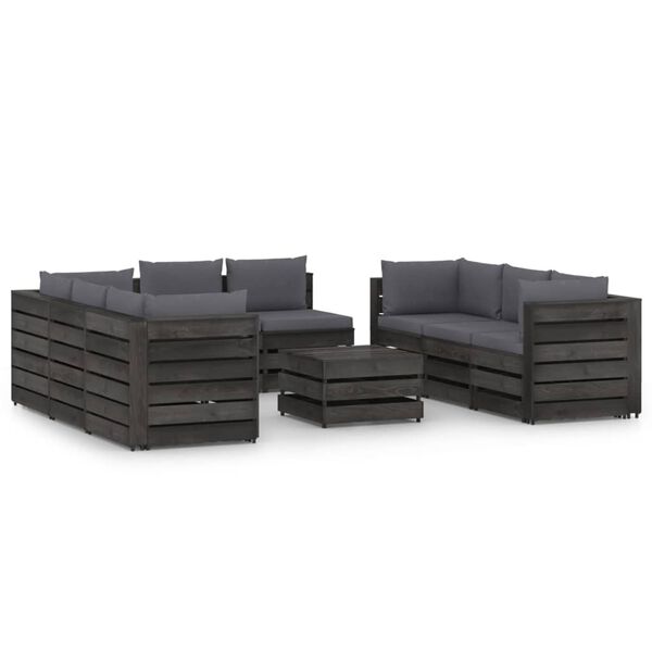 vidaXL Salon de jardin 9 pcs avec coussins Bois impr&eacute;gn&eacute; de gris
