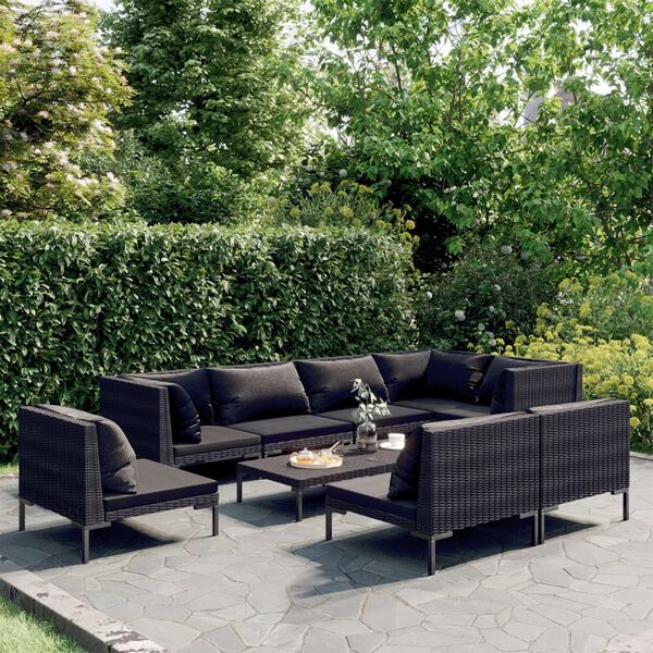 vidaXL Salon de jardin 9 pcs avec coussins R&eacute;sine tress&eacute;e Gris fonc&eacute;