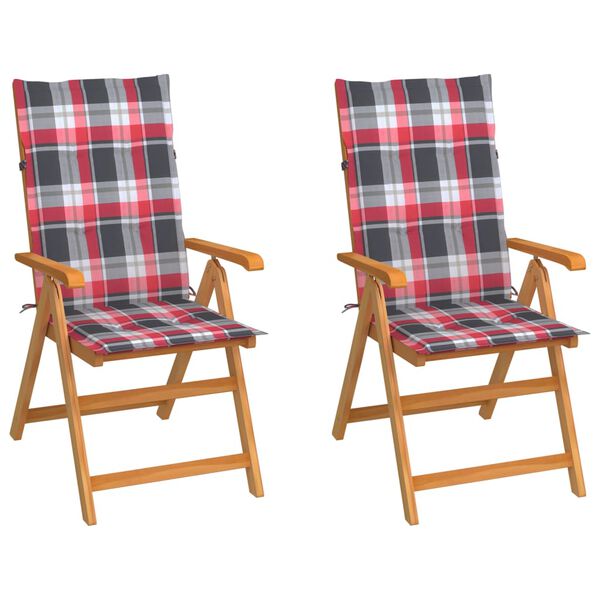 vidaXL Chaises de jardin lot de 2 et coussins &agrave; carreaux rouges Teck
