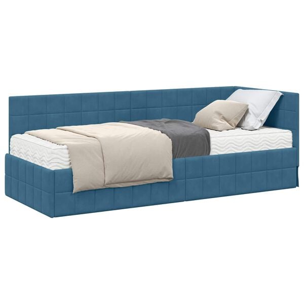 vidaXL Cadre de lit d'angle avec matelas 2 pcs Bleu Velours