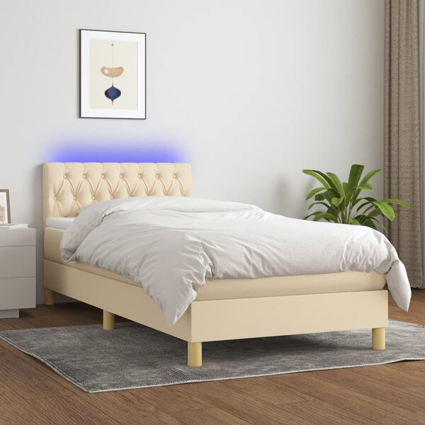vidaXL Sommier &agrave; lattes de lit avec matelas LED Cr&egrave;me 90x190 cm Tissu