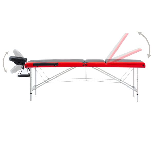 vidaXL Table de massage pliable 3 zones Aluminium Noir et rouge