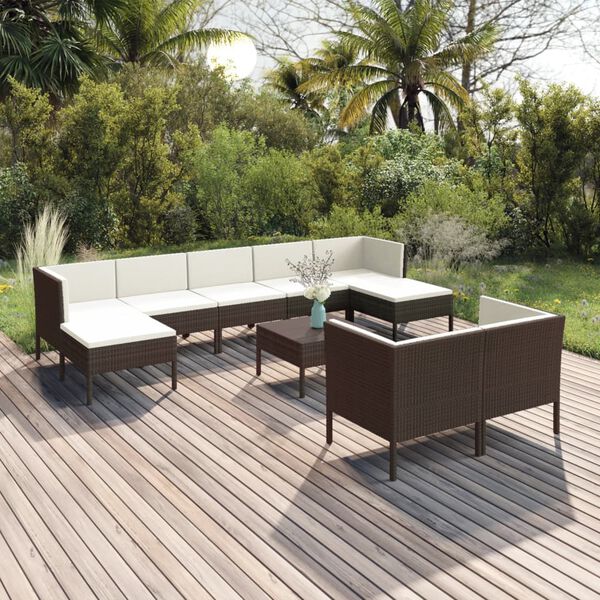 vidaXL Salon de jardin 10 pcs avec coussins R&eacute;sine tress&eacute;e Marron