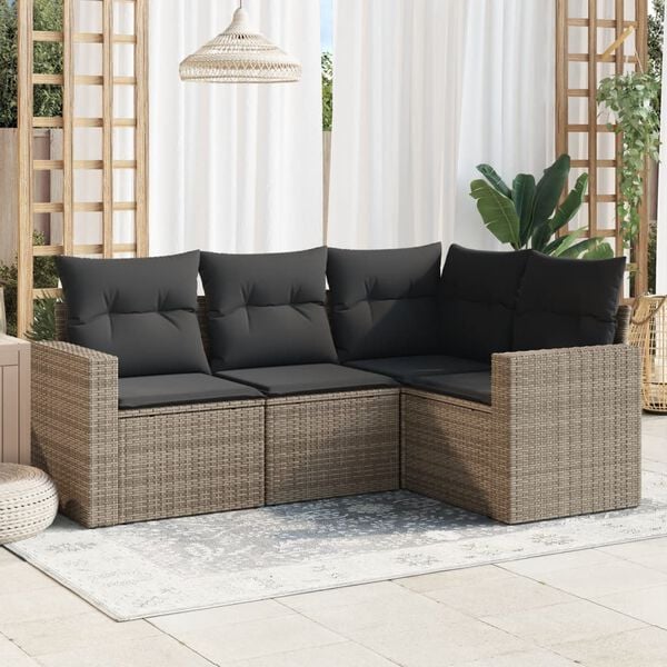 vidaXL Salon de jardin 4 pcs avec coussins gris r&eacute;sine tress&eacute;e