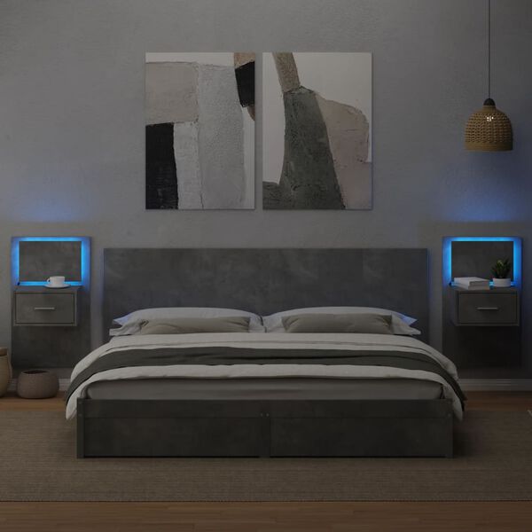 vidaXL Tables de chevet murales avec lumi&egrave;res LED 2 pcs gris b&eacute;ton