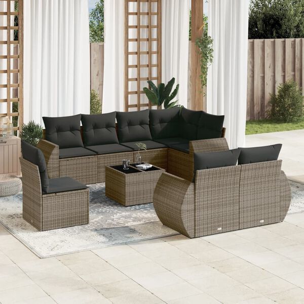 vidaXL Salon de jardin 9 pcs avec coussins gris r&eacute;sine tress&eacute;e