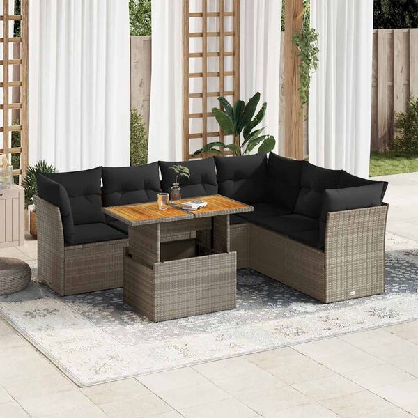 vidaXL Salon de jardin avec coussins 7 pcs gris r&eacute;sine tress&eacute;e