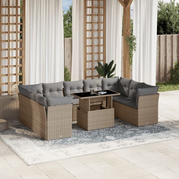 vidaXL Salon de jardin avec coussins 10 pcs beige r&eacute;sine tress&eacute;e