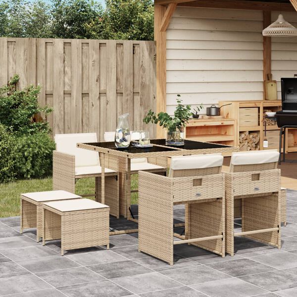 vidaXL Ensemble &agrave; manger de jardin et coussins 9 pcs beige Poly rotin