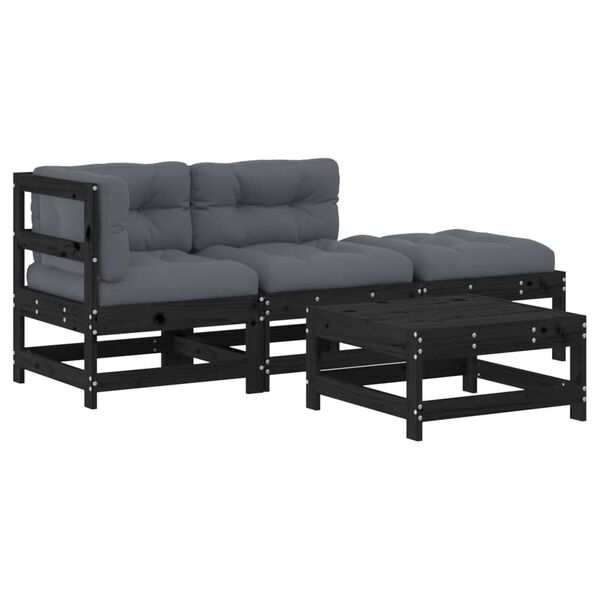 vidaXL Salon de jardin 4 pcs avec coussins noir bois massif