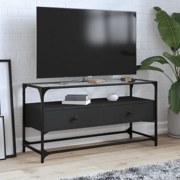 vidaXL Meuble TV et dessus en verre noir 80x35x51 cm bois d'ing&eacute;nierie