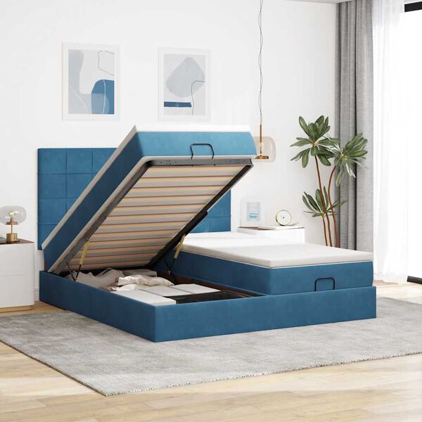 vidaXL Cadre de lit ottoman avec matelas bleu fonc&eacute; 200x200 cm velours
