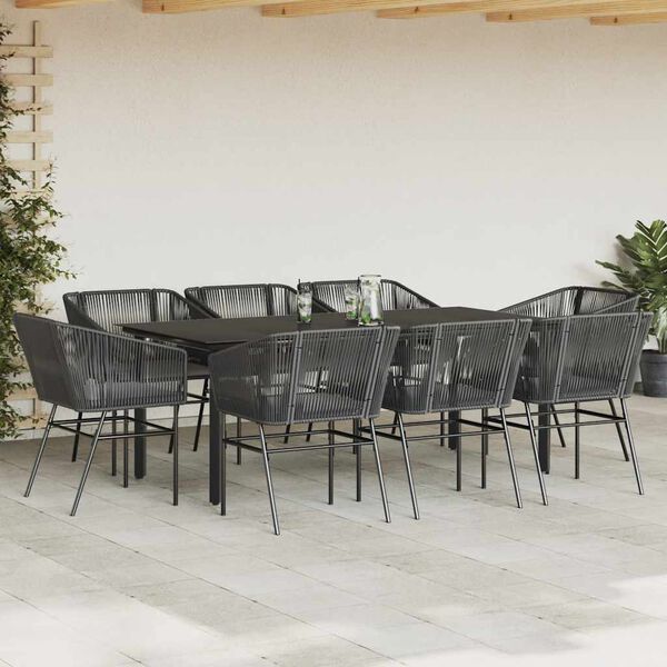 vidaXL Ensemble &agrave; manger de jardin coussins 9pcs noir poly rotin verre
