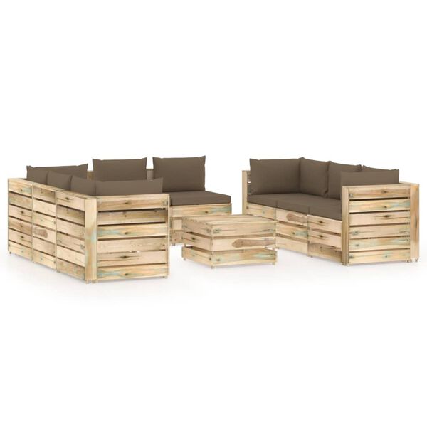 vidaXL Salon de jardin 9 pcs avec coussins Bois impr&eacute;gn&eacute; de vert