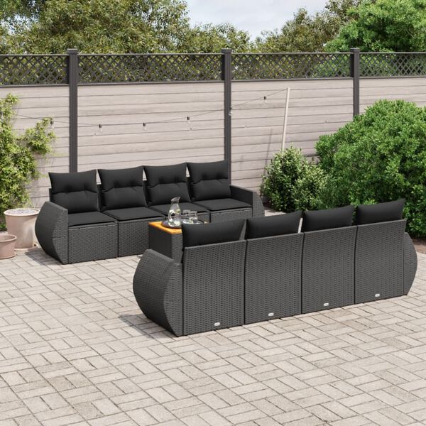 vidaXL Salon de jardin 9 pcs avec coussins noir résine tressée