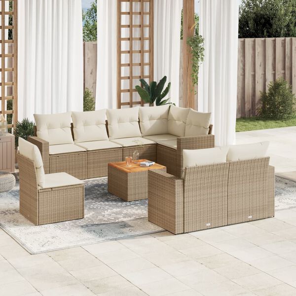 vidaXL Salon de jardin avec coussins 9 pcs beige r&eacute;sine tress&eacute;e