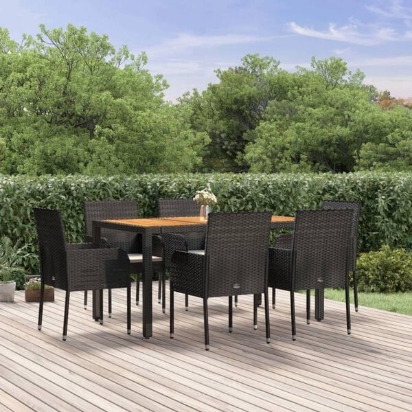 vidaXL Ensemble &agrave; manger de jardin coussins 7pcs Noir R&eacute;sine tress&eacute;e