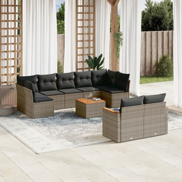 vidaXL Salon de jardin avec coussins 10 pcs gris r&eacute;sine tress&eacute;e