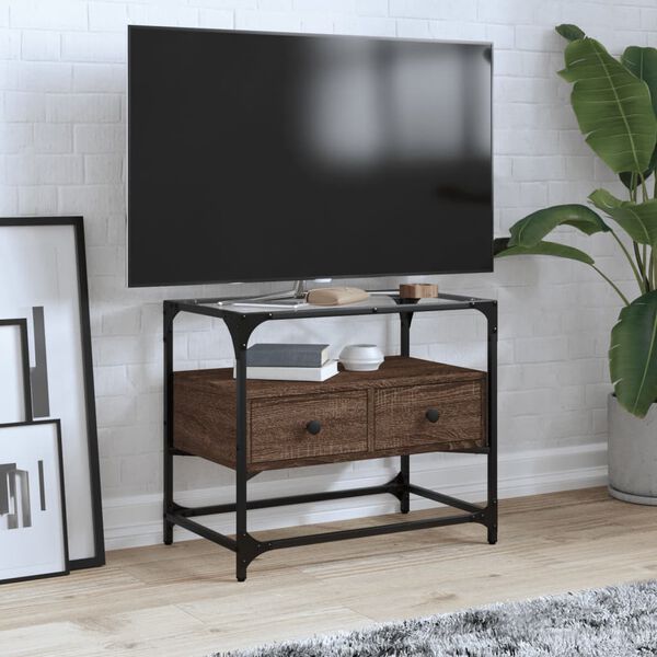 vidaXL Meuble TV avec dessus en verre ch&ecirc;ne marron bois d'ing&eacute;nierie