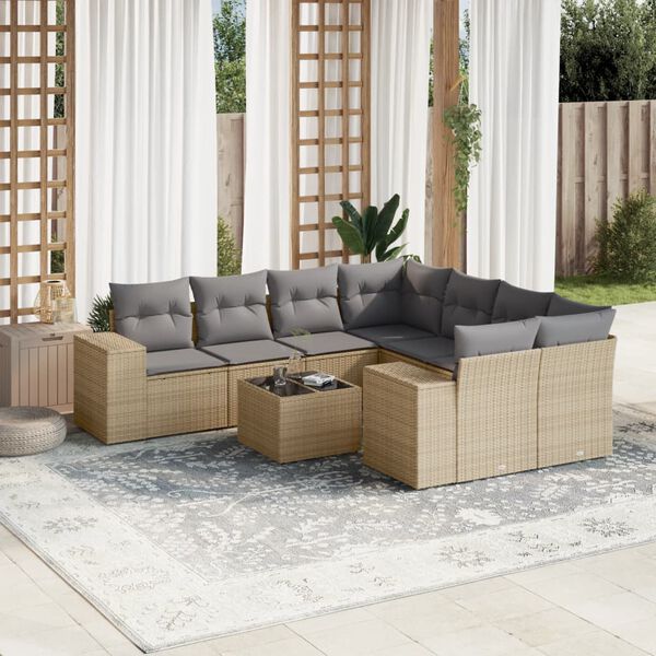 vidaXL Salon de jardin avec coussins 9 pcs beige résine tressée