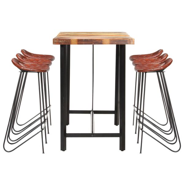 vidaXL Ensemble de bar 7 pcs Bois de r&eacute;cup&eacute;ration et cuir v&eacute;ritable