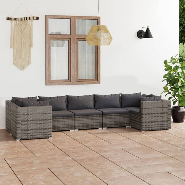 vidaXL Salon de jardin 7 pcs avec coussins R&eacute;sine tress&eacute;e Gris