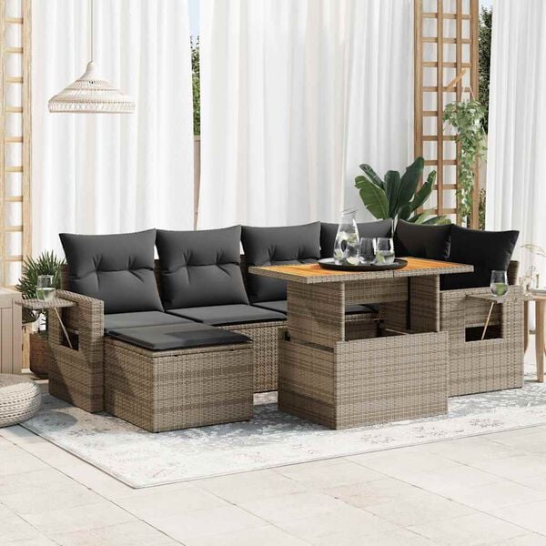 vidaXL Salon de jardin avec coussins 7 pcs gris r&eacute;sine tress&eacute;e