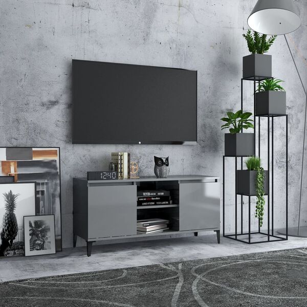 vidaXL Meuble TV avec pieds en m&eacute;tal Gris brillant 103,5x35x50 cm