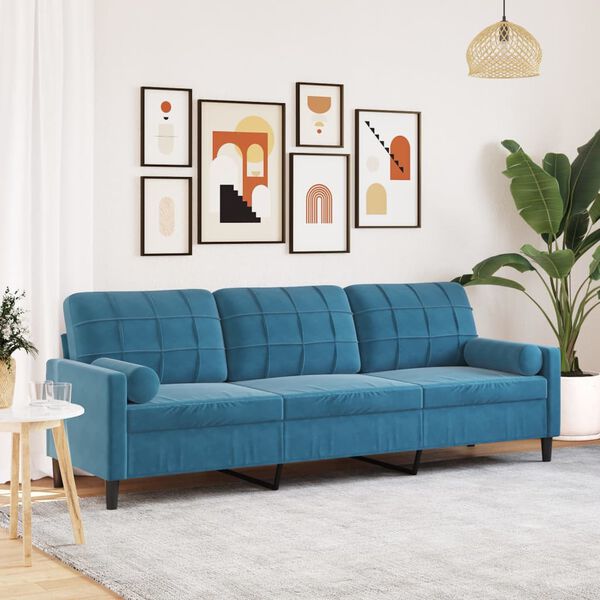 vidaXL Canapé 3 places avec oreillers décoratifs bleu 210 cm velours