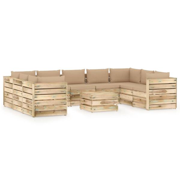 vidaXL Salon de jardin 10 pcs avec coussins Bois impr&eacute;gn&eacute; de vert