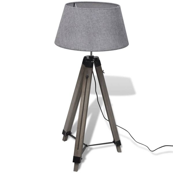 vidaXL Lampadaire tr&eacute;pied r&eacute;glable en bois et abat-jour en tissu Gris