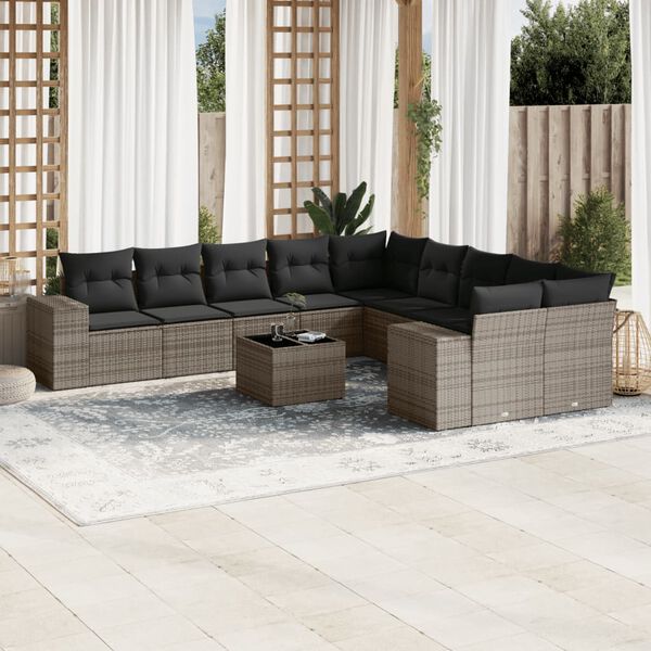 vidaXL Salon de jardin 11 pcs avec coussins gris r&eacute;sine tress&eacute;e