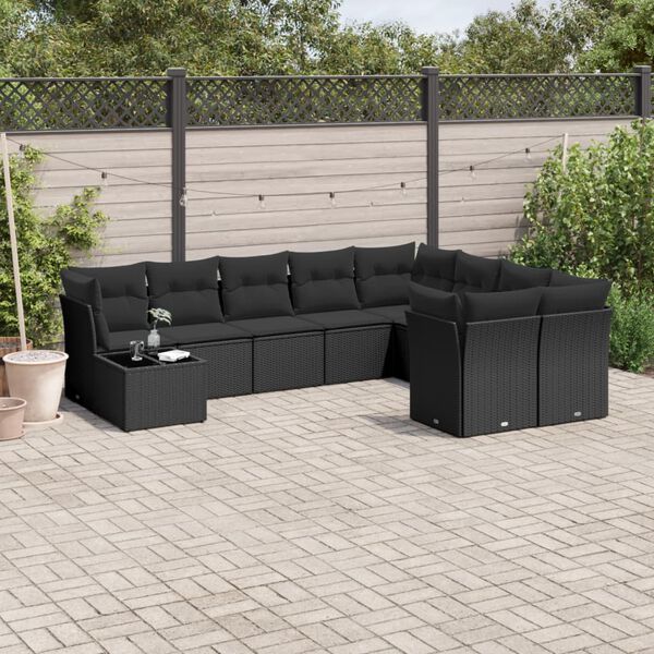 vidaXL Salon de jardin 10 pcs avec coussins noir r&eacute;sine tress&eacute;e
