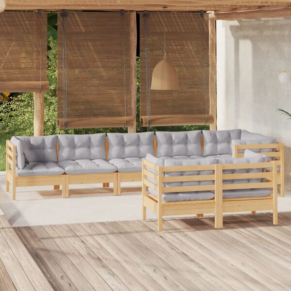 vidaXL Salon de jardin 8 pcs avec coussins gris Bois de pin massif