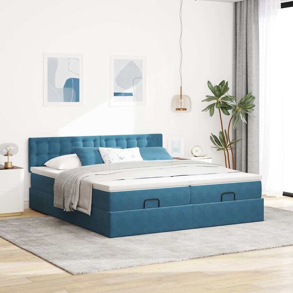 vidaXL Cadre de lit ottoman avec matelas bleu fonc&eacute; 200x200 cm velours
