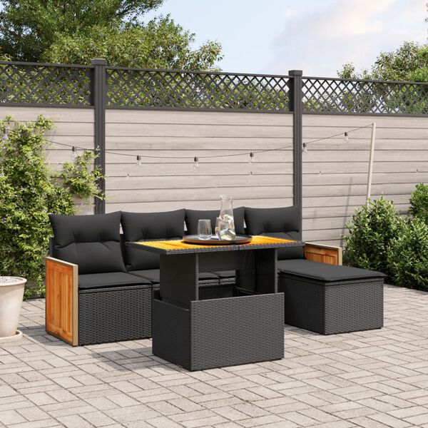 vidaXL Salon de jardin 6 pcs avec coussins noir résine tressée acacia