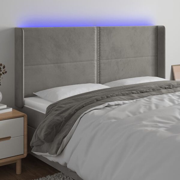 vidaXL T&ecirc;te de lit &agrave; LED Gris clair 203x16x118/128 cm Velours