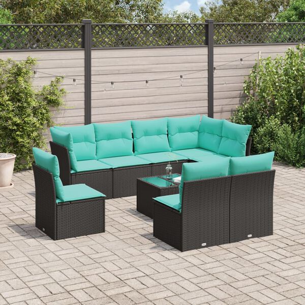 vidaXL Salon de jardin 9 pcs avec coussins noir r&eacute;sine tress&eacute;e